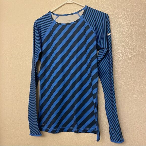 NIKE PRO-blue stripe fitted fleece lined Long Sleeve Training Running Top -M - Picture 1 of 10